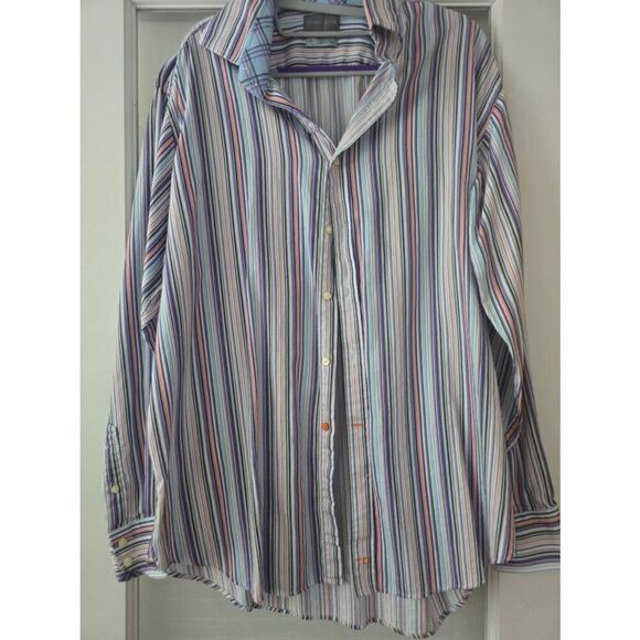 Men's Thomas Dean Multicolor Stripes Long Sleeve Button Up Dress Casual Shirt Si - Picture 1 of 7